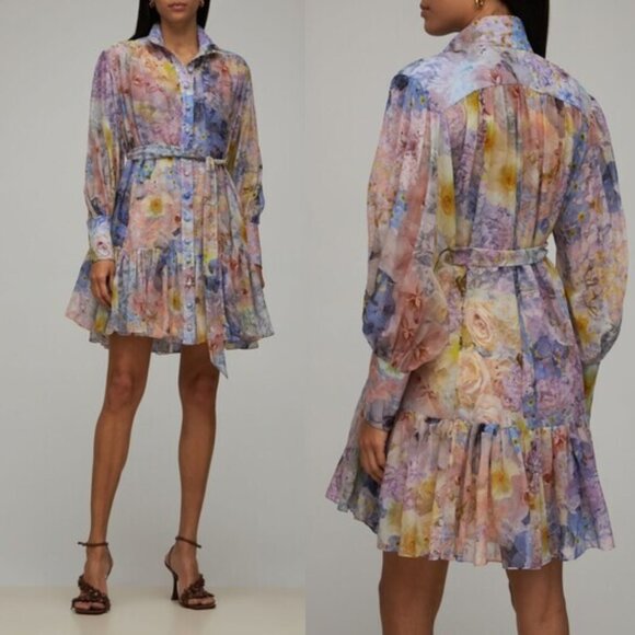 Zimmermann Mini Dress Sz 2 Multicolor Abstract Floral Print Belted Long Sleeve - Picture 1 of 9